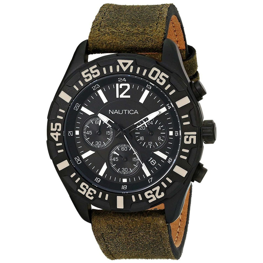 Nautica Men's NST 402 Chronograph Watch Green Leather Calfskin Strap